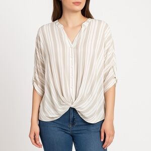 LISTICLE Striped Button Front Draped Hem Blouse Roll Tab Sleeve Medium